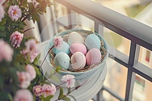 Happy easter leather decor Eggs Easter festiveness Basket. White Rosebud Pink Bunny Blessings. Easter garland background wallpaper