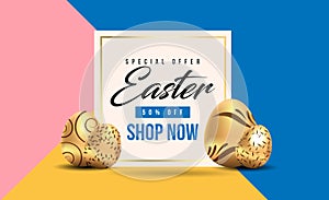 Happy Easter lettering background with realistic golden shine decorated eggs