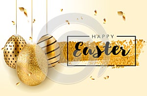 Happy Easter lettering background with realistic golden shine decorated eggs, confetti, golden brush splash. Vector