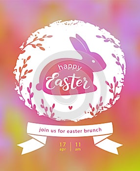 Happy  Easter lettering on blurred background. Cute Easter bunny silhouette with willow twigs