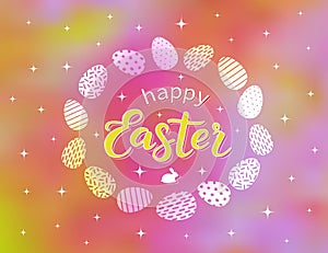 Happy  Easter lettering on blurred background. Religious holiday greeting card. Vector illustration