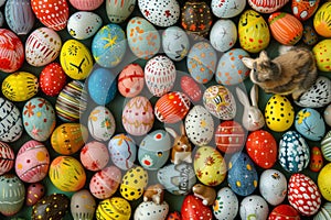 Happy easter lettering Eggs Enveloped Easter Eggs Basket. White pet basket Bunny greeting. free space background wallpaper