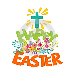 Happy easter. Lettering and graphic elements. Cross of Jesus Christ