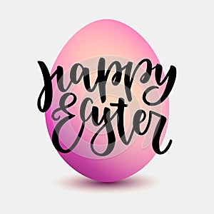 Happy Easter lettering for greeting card onpink gradient egg background. Vector illustration isolated on grey background