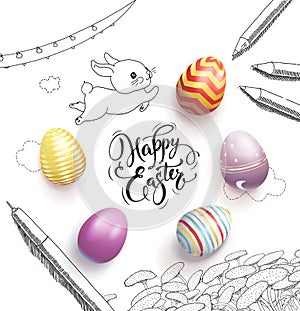Happy Easter lettering handwritten with calligraphic font, surrounded by colorful eggs, cute baby bunny, dandelions