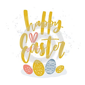 Happy Easter lettering or holiday wish written with artistic cursive font decorated by bunny ears on white background