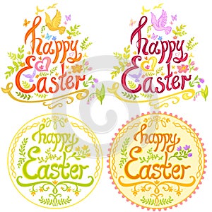 Happy Easter lettering with little birds and foliage