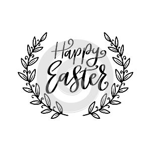 Happy Easter. Lettering phrase with wreath isolated on white