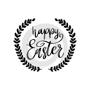 Happy Easter. Lettering phrase with wreath isolated on white