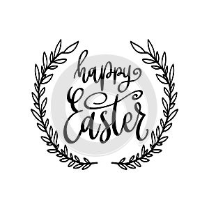 Happy Easter. Lettering phrase with wreath isolated on white