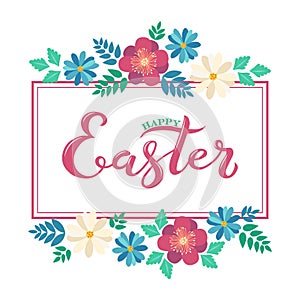 Happy Easter lettering with spring flower frame