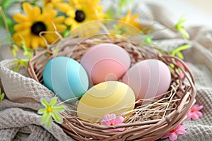 Happy easter lily of the valley Eggs Eggstravagant Exuberance Basket. White Salmon Bunny cottontail. lilac background wallpaper