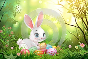 Happy easter Line Art Eggs Pastel pink Basket. White red geranium Bunny Sitting. compost background wallpaper