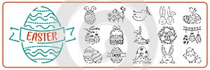 Happy Easter line icon set. Vector holiday sign egg, bird and bunny or flower spring