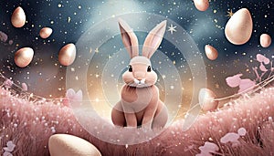 Happy Easter luxury with 3D bunny rose gold social bann on digital art concept, Generative AI