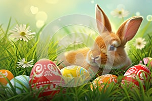 Happy easter Mauve Eggs Joy Basket. Easter Bunny giggling Egg hunt. Hare on meadow with Whiskers easter background wallpaper