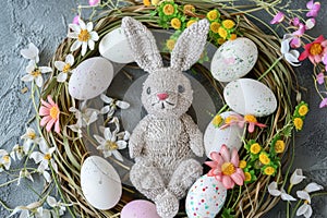 Happy easter medley Eggs Bees Basket. White easter decorations Bunny encouraging words. bunny costume background wallpaper