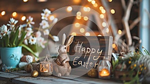 Happy Easter message on a chalkboard by a bunny figure, painted eggs and spring flowers, rustic cozy background