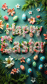 Happy Easter message with floral letters on a lush green background adorned with spring flowers and decorated eggs