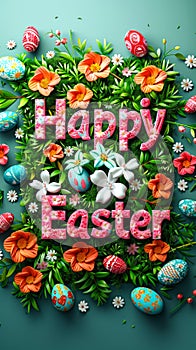 Happy Easter message with floral letters on a lush green background adorned with spring flowers and decorated eggs