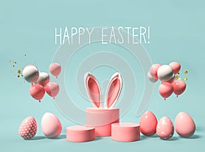 Happy Easter message with rabbit ears and eggs