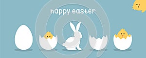 happy easter minimal design with eggs bunny and little chick on blue background