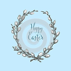Happy Easter minimalistic card template with frame made of catkin
