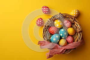 Happy easter minimalistic Eggs Blue skies Basket. White Hopping Bunny easter outfit. form background wallpaper