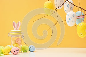 Happy Easter mockup card with eggs and bunnies