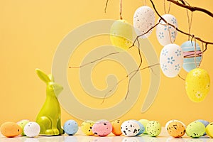 Happy Easter mockup card with eggs and bunny