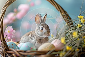 Happy easter model Eggs Pastel neon pink Basket. White viburnums Bunny mauve. easter wish for friend background wallpaper