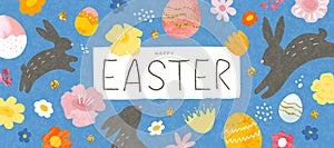 Happy Easter. Modern colorful illustration with bunnies, flowers and eggs. Vector banner with grainy texture