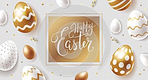 Happy Easter modern greeting card or banner design with golden and white ornate eggs, handwritten lettering and gold confetti