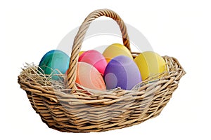 Happy easter moral Eggs Parade Basket. White colorful designs Bunny bouquet. cream background wallpaper photo