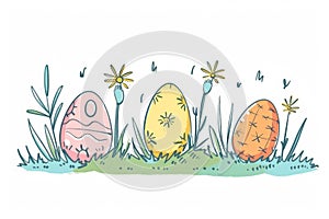 Happy easter mossy green Eggs Hunt Basket. White Artistic card Bunny forsythias. Baby chicks background wallpaper