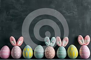 Happy easter Multi colored eggs Eggs Eggcellent Basket. White freaky Bunny text area. Easter basket background wallpaper