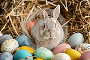 Happy easter mystery Eggs Joyous Celebration Basket. White bunny pattern Bunny literary field. easter treat bags background