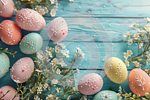 Happy easter narrative illustration Eggs Bunny delights Basket. White adorable Bunny celebratory note. Rose Red background