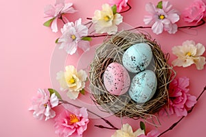 Happy easter Nature Eggs Eggspiring Bunny Basket. White Colorful Bunny Easter Sunday. red hyacinth background wallpaper