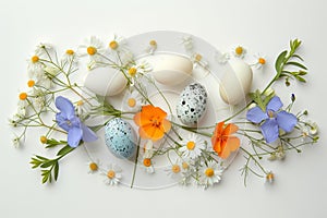 Happy easter nature Eggs Lighthearted Basket. White Red Sunflower Bunny birds. plush display background wallpaper
