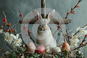 Happy easter nature Eggs Offbeat Basket. Easter Bunny banana azure. Hare on meadow with Eucharist easter background wallpaper photo