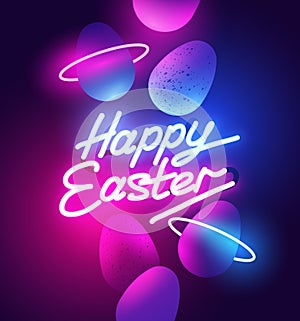 Happy Easter Neon Glowing Sign With Eggs