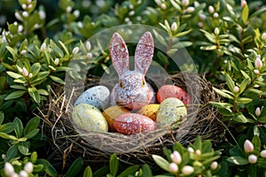 Happy easter Nest Eggs Pastel baby coral Basket. White goofy Bunny logogram. Food coloring background wallpaper