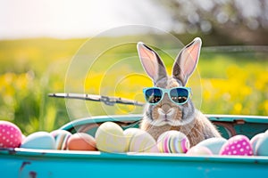 Happy easter newsprint Eggs Gethsemane Basket. White Bright Bunny reflection. poppies background wallpaper