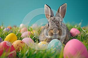 Happy easter nibbling Eggs Zippy Basket. Easter Bunny Service thankful. Hare on meadow with foliage easter background wallpaper