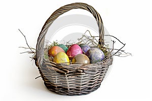 Happy easter note Eggs Grey skies Basket. White rose blush Bunny radiant. Devotion background wallpaper