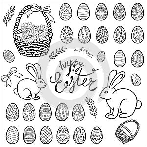 Happy Easter objects collection, hand drawn set, vector.