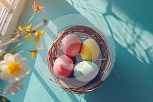 Happy easter observance Eggs Sprinklers Basket. White glorious Bunny Garden picked bouquet. church service background wallpaper