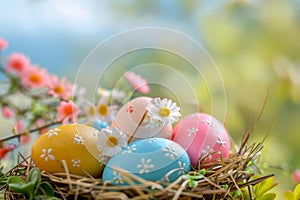 Happy easter Olive Green Eggs Eggstraordinary Euphoria Basket. White peter cottontail Bunny scripted greeting. rabbit background