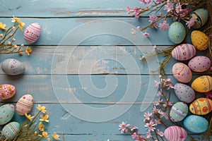 Happy easter open space Eggs Easter fest Basket. White bleeding hearts Bunny Fun. Flower bouquets background wallpaper photo